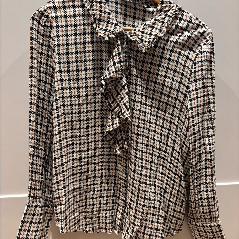 Zara Black and White Ruffled Bib Collar Blouse
